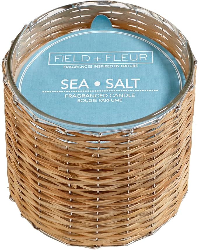 Sea Salt Scented Candle – Luxury 12oz Soy Wax, 2-Wick Handwoven Glass Jar, Blend of California Lemon, Water Lily, White Jasmine, Driftwood & Rosewater -75+ Hour Clean Burn, USA Made