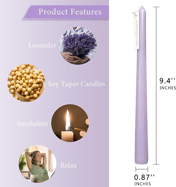 4 PCS Scented Taper Candles Purple 10 inch Long Candle Sticks Soothing Lavender Fragrance Smokeless Tapered Candle for Wedding Decor,Festival and Special Occasions