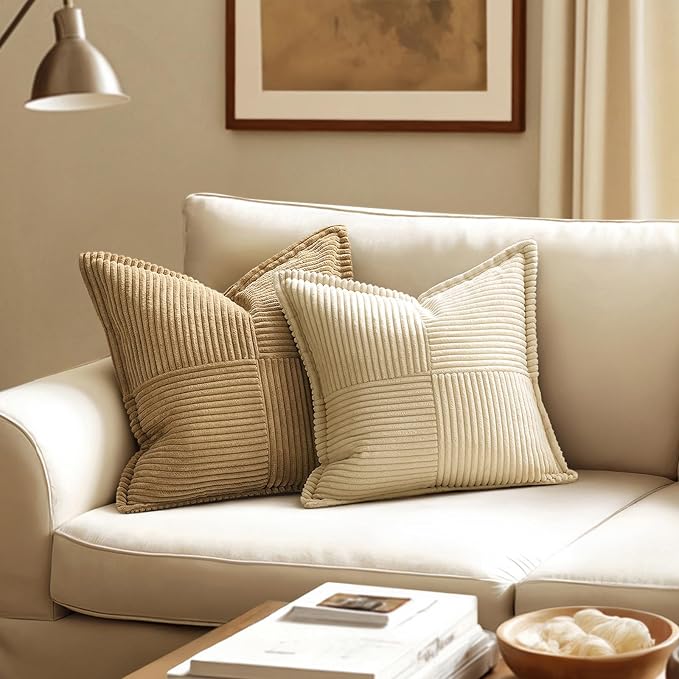 MIULEE Decorative Throw Pillow Covers for Couch 18x18 Inch Cream 2 Pack | Boho Broadside Striped Patchwork Pillow Covers, Soft Corduroy Cushion Cases, For Sofa Bed Livingroom Home Decor