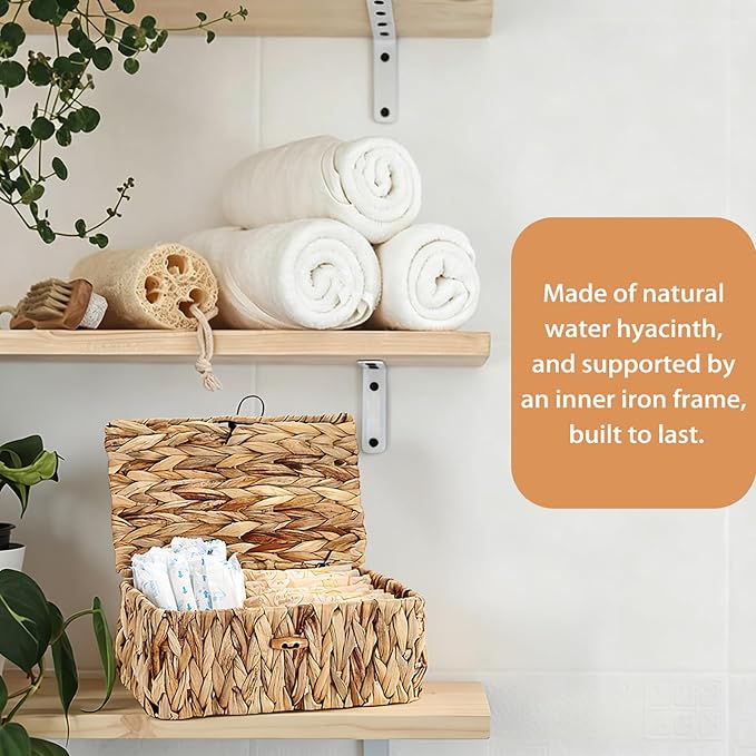 Sumnacon Woven Tampon Holder for Bathroom, Wicker Water Hyacinth Feminine Product Organizer with Lid, Farmhouse Rustic Tampon and Pad Organizer, Woven Storage Baskets Bin for Counter Toilet Tank