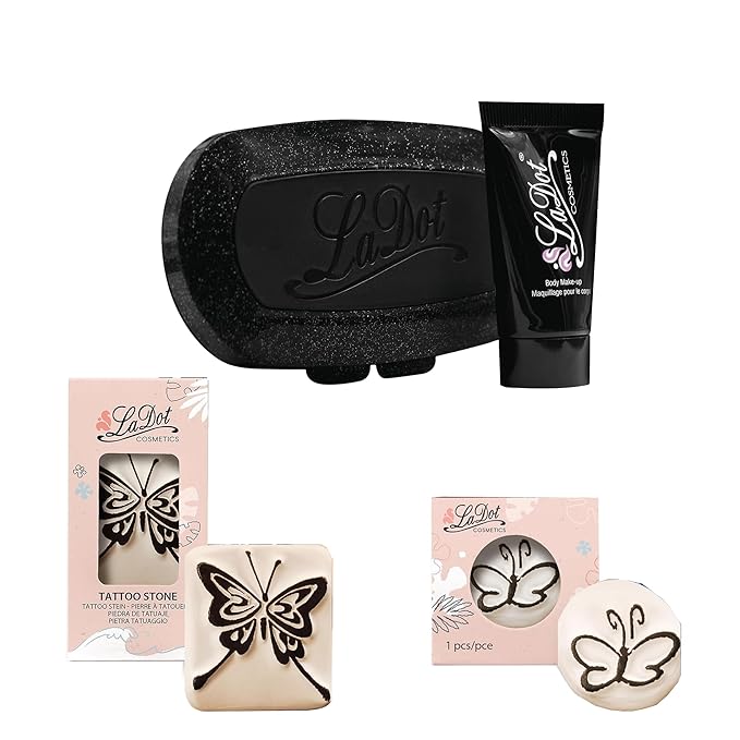 LaDot Starter Ink Pad and Two Butterfly Temporary Tattoo Stamp Set, Skin-Friendly Body Ink 15 ml, Reusable Ceramic Skin Stamps