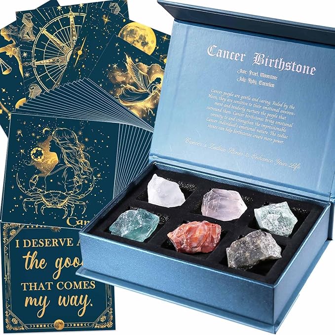 Faivykyd Cancer Zodiac Crystals Gifts for Women, 6 Zodiac Cancer Healing Stones w/ 50 Miracle Mantras Affirmation Cards, Spiritual Astrology Gifts for Promoting Positive Energy, Self-Care & Love