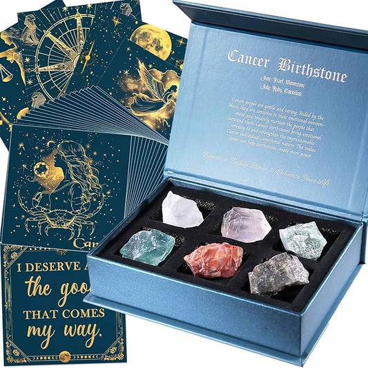 Faivykyd Cancer Zodiac Crystals Gifts for Women, 6 Zodiac Cancer Healing Stones w/ 50 Miracle Mantras Affirmation Cards, Spiritual Astrology Gifts for Promoting Positive Energy, Self-Care & Love