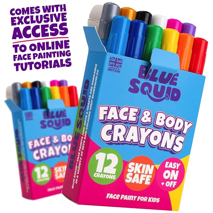 Blue Squid Face Paint Crayons - 12 Vibrant Colors Twistable & Washable Face Paint Sticks - Face Painting Kit for Kids Party, Halloween, Belly Painting Kit Pregnancy, Makeup Body Paints for Adults