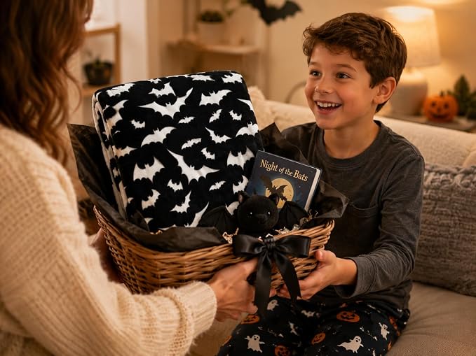Halloween Fleece Throw Blanket, Silver White Bats on Black, Oversized 50x70 | Ultra-soft cozy flannel fleece, for sofa couch bed chair & dorms, spooky Halloween décor, durable and machine washable.