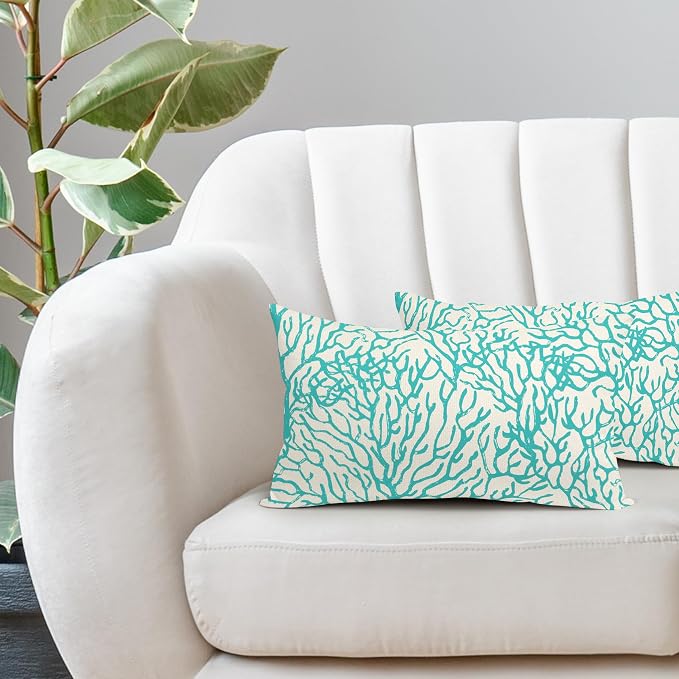 Nautical Coastal Coral Lumbar Pillow Covers 12x20 Inch Set of 2 Summer Ocean Beach Teal Turquoise Decorative Pillow Cases Outdoor Linen Cushion Cover Farmhouse Decor for Bedroom Home Sofa Couch Bed