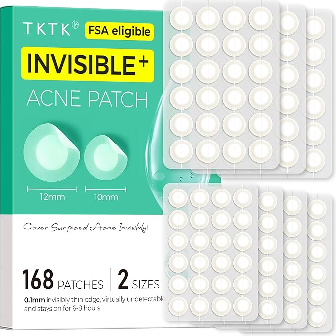 TKTK Pimple Patches for Face, 0.01cm Ultra-Thin Invisible Acne Patches, Hydrocolloid Patches for Breakouts, Absorbs Zits & Blemish, Suitable Under Makeup, 2 Sizes(10mm/12mm) 168 count