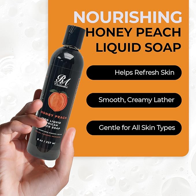 RA COSMETICS 100% African Liquid Black Soap with Honey Peach – Liquid African Black Soap Body Wash with Shea Butter, Coconut Oil & Plantain Peel | Deep Cleansing for Sensitive & Acne-Prone Skin, 8 oz