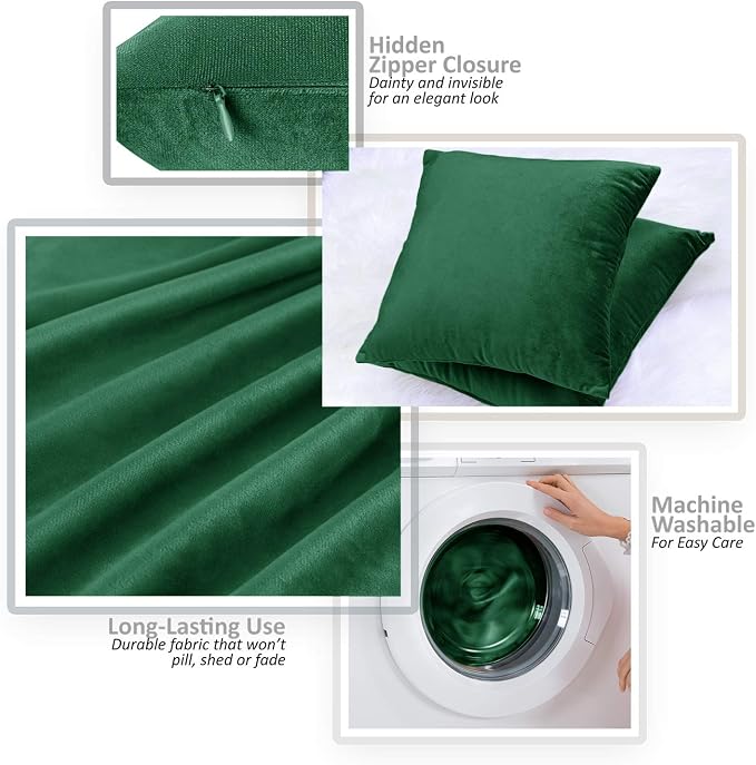 Throw Pillow Inserts Pack of 2 with Velvet Soft Solid Decorative Square Throw Pillow Covers Set for Sofa Couch Car Bedroom, 20X20 Throw Pillows Inserts with 18x18 Washable Cushion Covers, Hunter Green