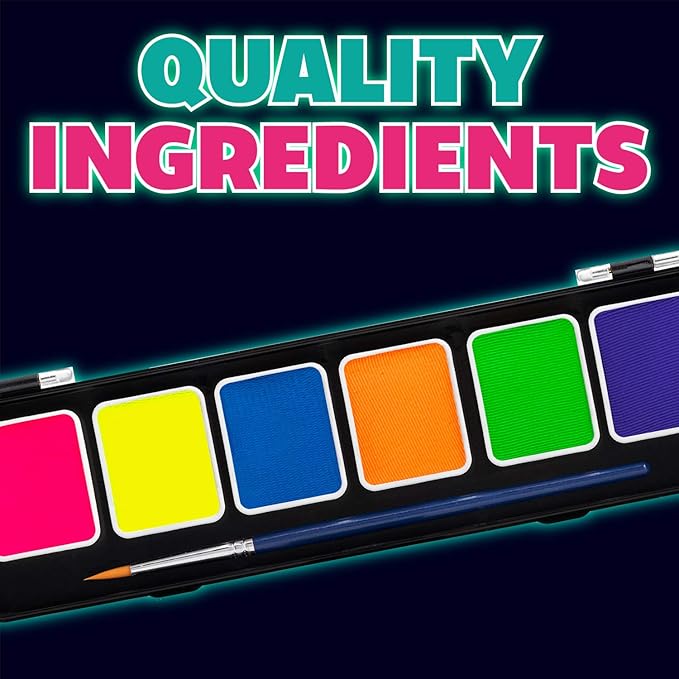 Kraze FX 6 Color Neon Face& Body Paint Palette (6 gram) with Brush - Water Activated, Professional UV Glow Blacklight Reactive Face Painting Kit, Hypoallergenic & Non-Toxic, Safe for Sensitive Skin