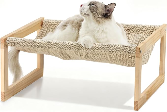 FUKUMARU Large Cat Hammock, Raised Dog Bed for Indoor and Outdoor, Washable | 21" Wooden Pet Beds, Breathable Linen Cat Couch, Elevated Pet Sofa for Puppy, Bunny and Small Animal