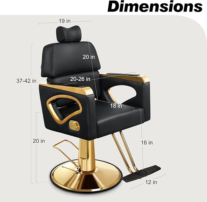 Baasha Modern Black & Gold Reclining Salon Chair - 135° Recline All Purpose Barber Chair with Headrest - Heavy Duty Hydraulic Styling Chair for Makeup, Lash, Shaving & Tattoo - 440 lbs Cap.