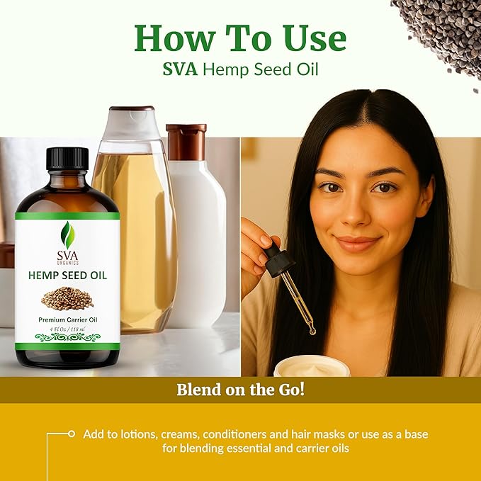 SVA ORGANICS Hemp Seed Oil Cold Pressed 4oz (118 ml) Premium Carrier Oil With Dropper For Skin Care, Hair Care, Scalp Massage, Body Massage, Hair Products, Cosmetics & Soap