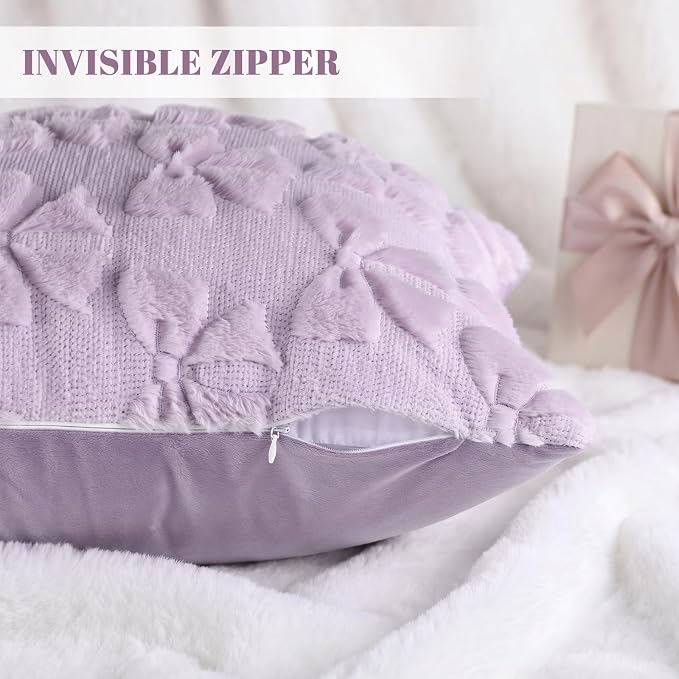 Mixweer Purple Bow Pillow Covers Set of 2 Preppy Room Decor Coquette Cute Spring Summer Decorative Faux Fur Soft Bowknot Stuff Fluffy Plush Aesthetic Pillowcase for Bed Sofa Couch (18 x 18 Inch)