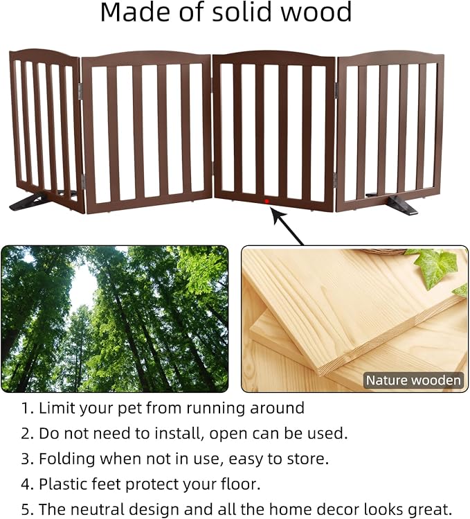 ZJSF Foldable Freestanding Indoor Dog Gate for House Wood Long Pet Gates Dog Fence for Stairs Puppy Gates for Hallways, Puppy Gate,Support Feet Included, Brown, 24 "Height-4 Panels
