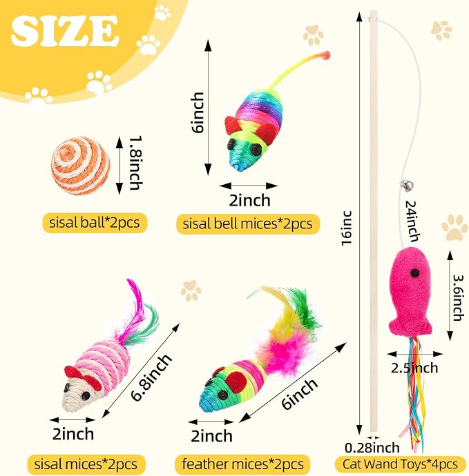 Leitee 16 Pcs Interactive Cat Toys for for Indoor Cats Set, Wooden Cat Wand Toywith Bells Feather Handle Chew Rope Mouse Sisal Balls Kitty Toys for Play Chase Exercise (Colorful)