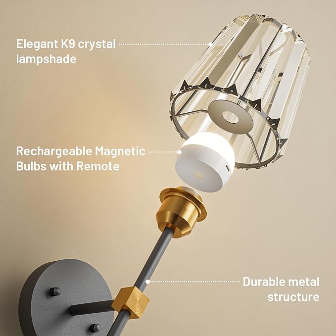 Crystal Battery Operated Wall Sconces Set of 2, Black and Gold Rechargeable Wireless Wall Lights with Crystal Lampshade, 12 RGB and 3CCT Dimmable Wall Lamps with Remote for Bedroom Living Room Hallway