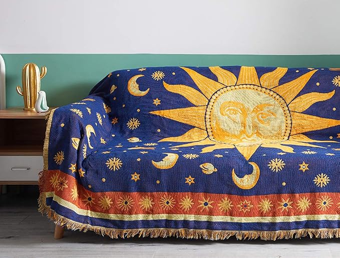 Erke Sun Blanket Hippy Celestial Couch Sheet Cover Wicca Home Decor 70"x90" | Sun Moon Witchy Hippie Decoration, Double Sided Cotton Woven 90s’ Throws Blankets for Couch Bed