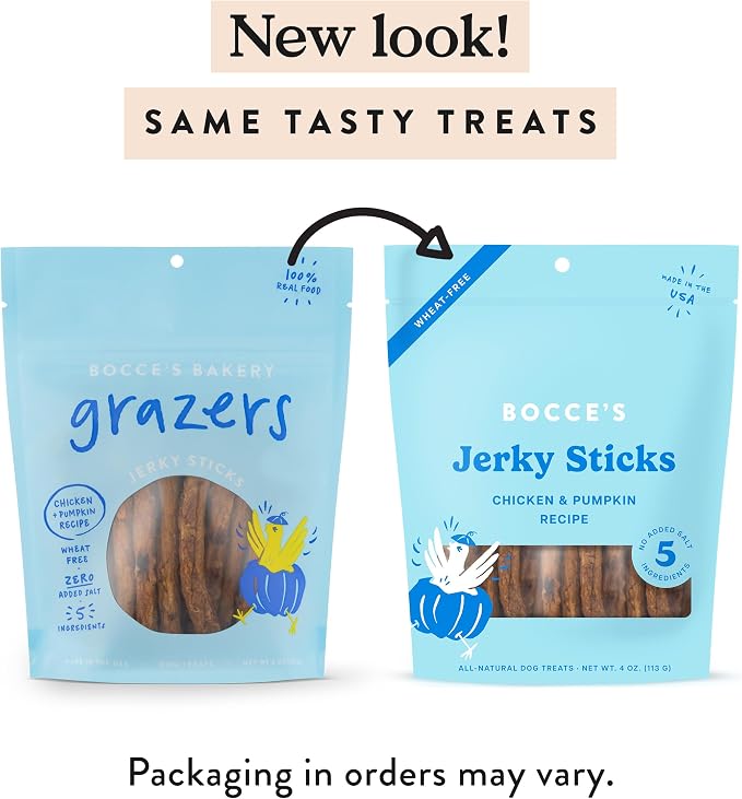 Bocce's Bakery Chicken & Pumpkin Flavor Jerky Stick Dog Treats, 4 oz | High-Protein, Wheat-Free, Limited-Ingredient Treats with No Added Salt or Sugar - Baked in The USA