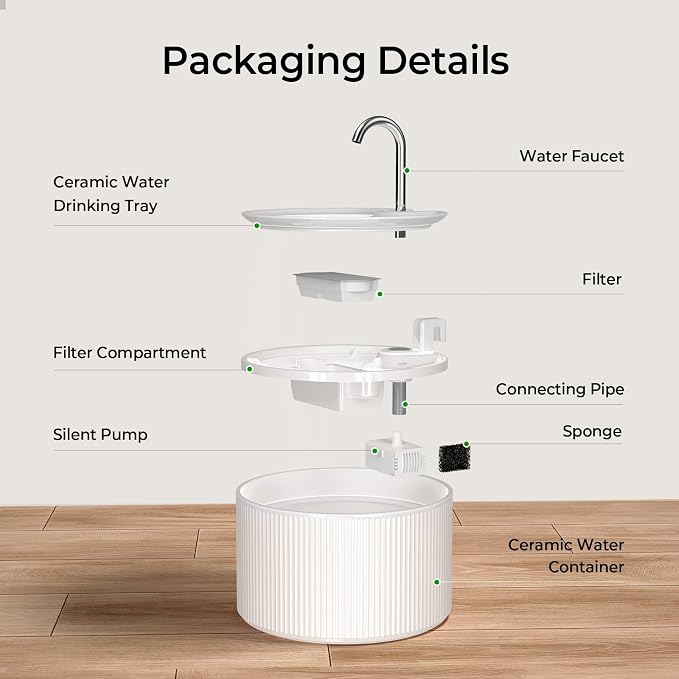 Voluas 2.2L Ceramic Cat Water Fountain with 1 Filter Automatic Pet Fountain | 74oz capacity, ceramic bowl, 4-layer filtration, ultra-quiet pump, faucet and bubbling modes, easy to clean, dishwasher-safe