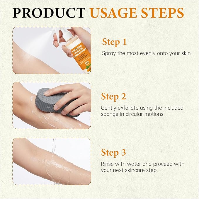 Kojic Acid Turmeric Spray with Sponge, Exfoliating Body Spray with Retinol, Glutathione, Niacinamide, Gentle Exfoliation for All Skin Types, Nourish Skin, Turmeric Peel Shot, 100ml