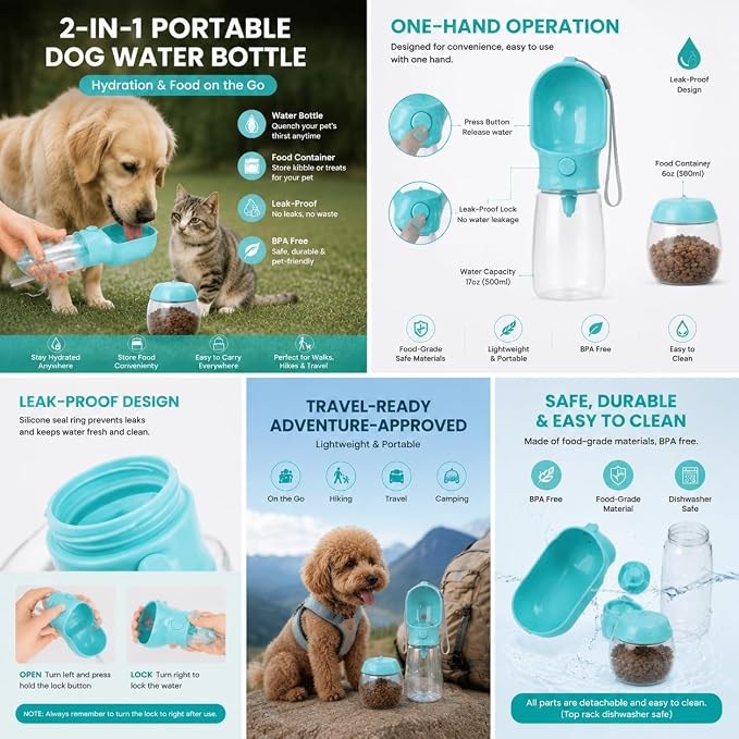 2-in-1 Dog Cat Portable Water & Food Travel Dispenser Bottle(Pink)