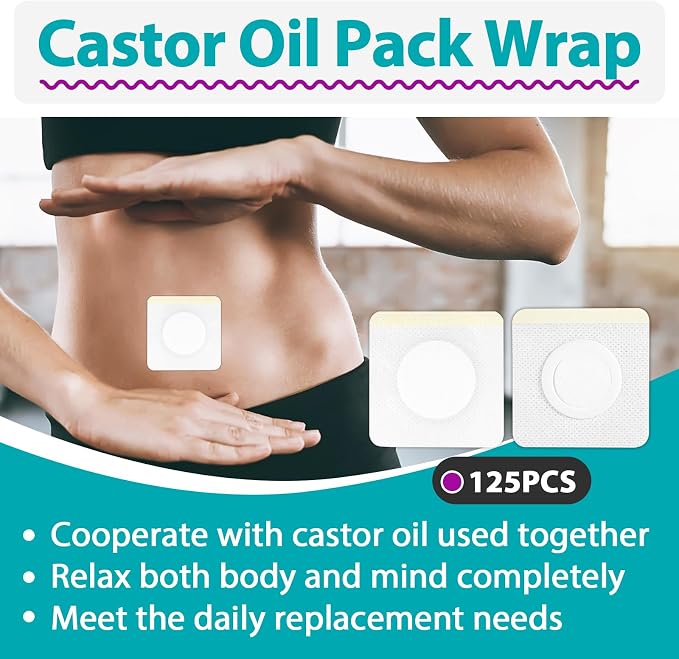 125 Pcs Castor Oil Patches for Belly Butto (Oil Not Included), 7cm×7cm | Disposable Self-Adhesive, Organic Cotton, Anti-Leakage, Highly Absorbent, High Breathability