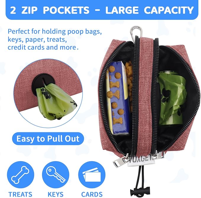 Dog Poop Bag Holder with Treat Pouch, 2 Zipper Pockets & Leash Clip
