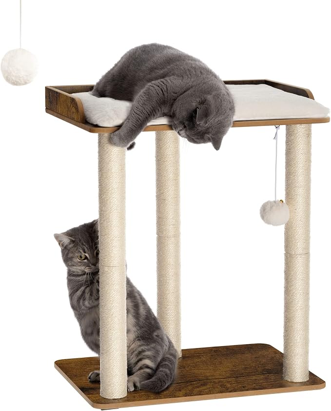 26.7in Large Cat Tree Tower Condo, Cat Scratch Posts for Indoor Cats, Big Plate, Three 23.6in Full Sisal Scratching Posts, Rustic Brown
