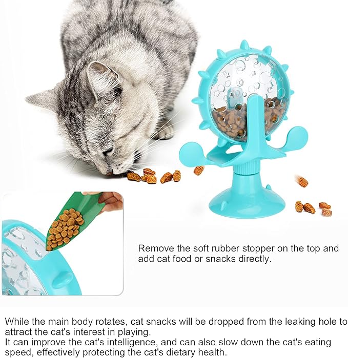 VINGVO Cat Treat Dispenser Toy, Interactive Cat Feeder with 360 Rotating Windmill, Food Leakage Toy for Indoor Cats, Suction Cup Base, Blue