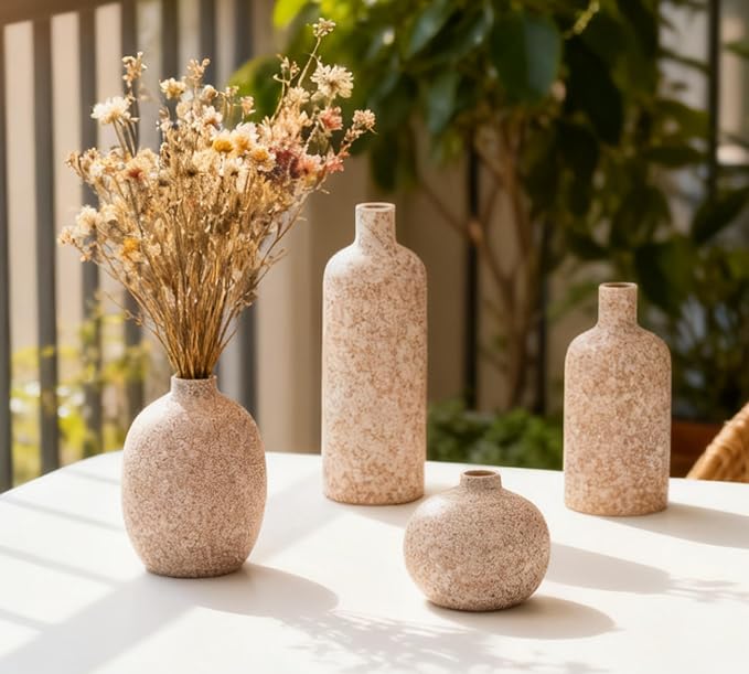 Ceramic Vase Set of 4, Classic Stone Style Small Vases Home Decorations for Table Shelf Office Centerpieces Decor