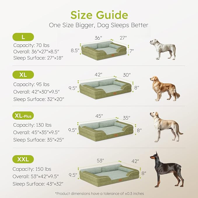 Dog Beds for Large Dogs, Orthopedic Dog Bed with Cooling Gel Memory Foam, Waterproof Large Pet Bed with Removable Washable Cover, 36" Pet Sofa Couch Dutch Velvet with Bone Toy, Dark Green