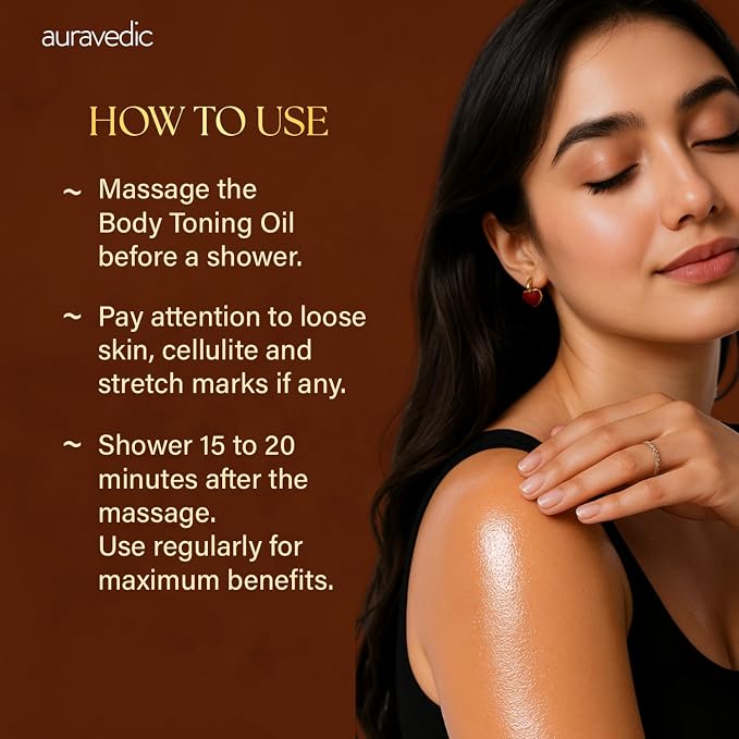 Auravedic Firming Toning Body Massage Oil | Helps Smooth Stretch Marks & Sagging Skin | Ayurvedic Blend with Cinnamon, Cardamom & Bay Leaf | for Thighs, Legs & Belly | 6.76 Fl Oz (200ml)