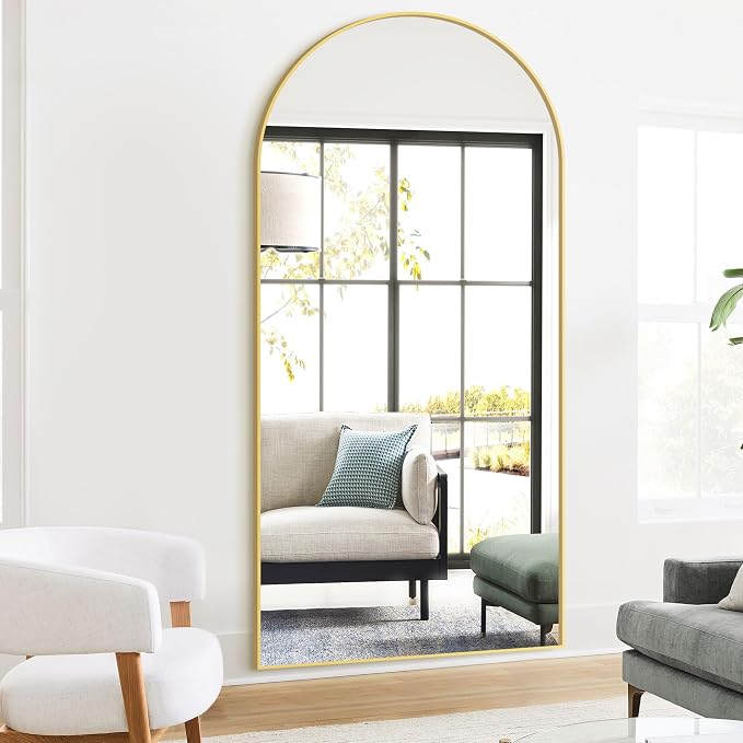 Arched Full Length Mirror, 75"x35" Standing Body Mirror for Wall, Gold | Built-in Stand, HD Shatterproof Glass, Aluminum Alloy Frame, Hanging or Standing, for Bedroom, Living Room & Dressing Room
