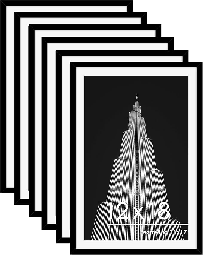 12x18 Picture Frame Set of 6, Wall Mounting Display, Black | Display 11x17 with Mat or 12x18 Without Mat, Horizontal or Vertical, Poster Frame Set for Wedding & Room & Home Decor