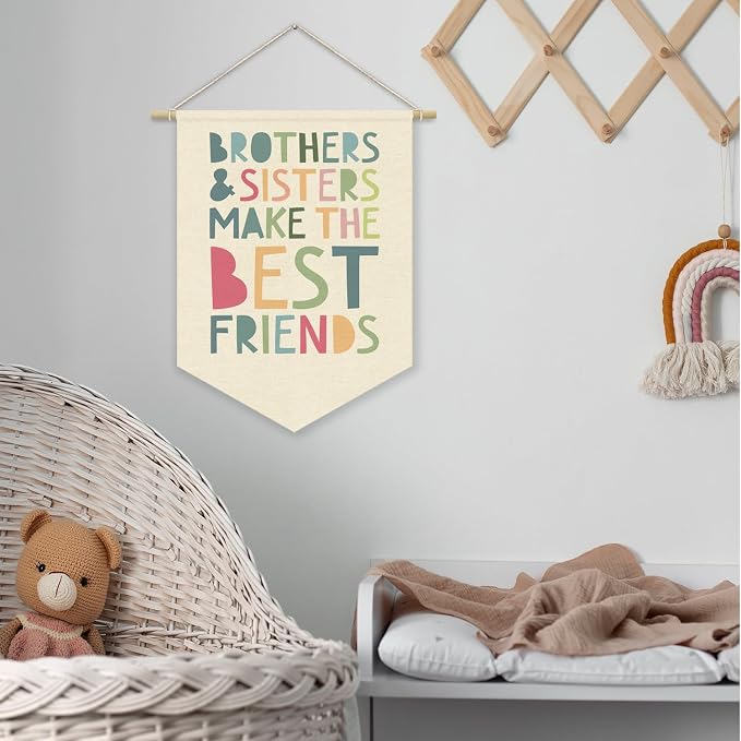 Nursery Decor Siblings Canvas Banner,Brothers And Sisters Make The Best Friends Bedroom Playroom Wall Art Decorations,Boho Twin Room Sign,Boho Kids Room Hanging Pennant Flag Banner