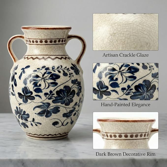 EFISPSS Ceramic Vintage Vase,Spring Decor Unique Chinese Crackle Floral Handle for Dining Room Mantle Living Room,Blue