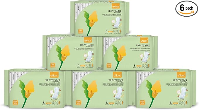 uNeat Overnight Pads for Women, Size 5, Ultra Thin Maxi Period Pads with Wings, Extra Heavy Flow Absorbent, Feminine Care, Unscented, Extra Long Sanitary Napkins for Feminine, 48 Count