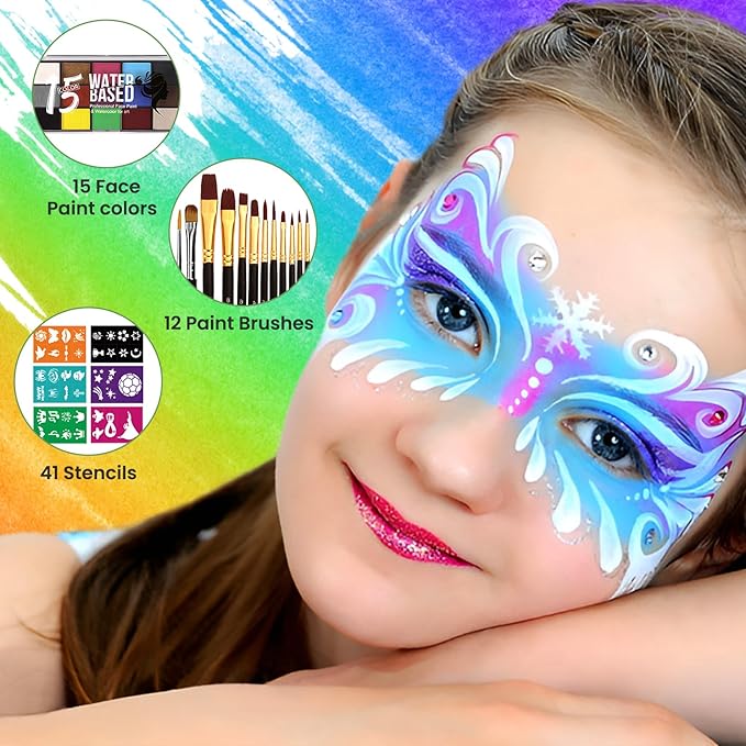 15 Color Face Paint Kit, Professional Face Painting Kit SFX Makeup Palette, Water Activated Body Paint for Cosplay Halloween Party for Kids and Adults Safe Non Toxic with 12 Pcs Brush & Stencils Matte