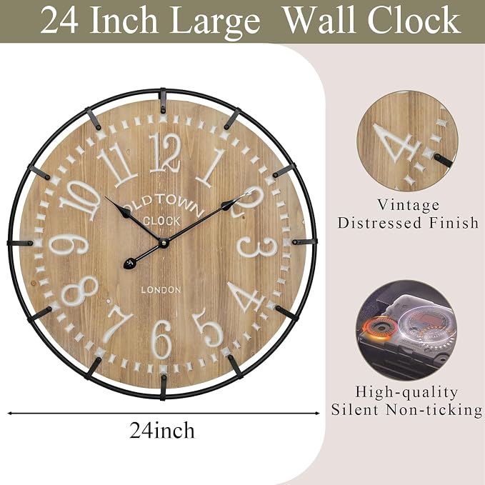 EMAX HOME 24 Inch Large Farmhouse Wall Clock - Rustic Antique Wood, Silent Battery Operated Clock for Office Kitchen Bedroom Living Room