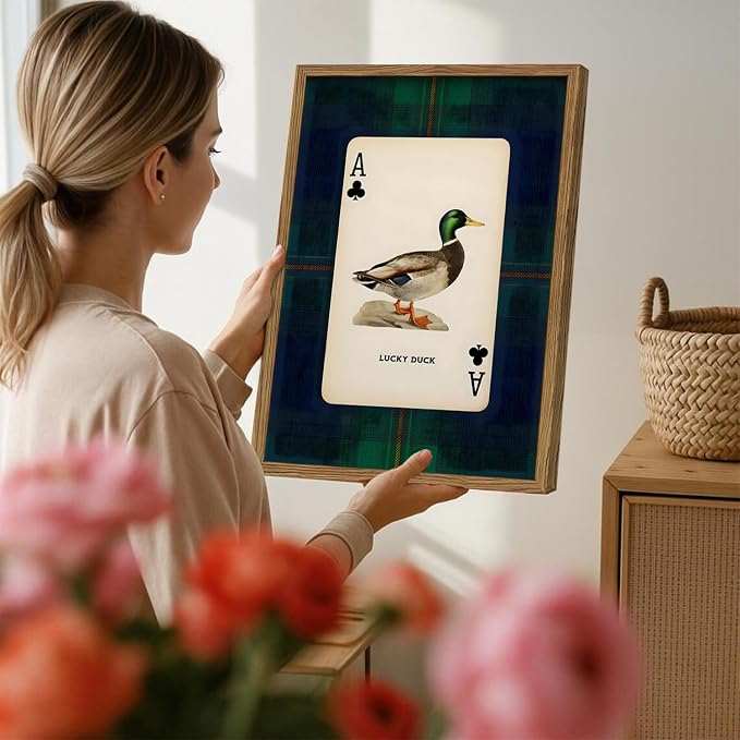 Vintage Mallard Duck Wall Art Cottage Core Hunting Lucky Duck Wall Decor Picture Dark Wildlife Playing Card Poster Canvas Print Painting for Farmhouse Bedroom Living Room 16x24 inch Wood Framed