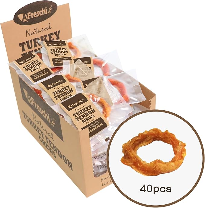 A Freschi srl Turkey Tendons for Dogs, USA-Sourced Human Grade, Rawhide-Free Long-Lasting Puppy Chews, All Natural Hypoallergenic Dog Treats for Small Breeds, Ring (S), 40 Count Box