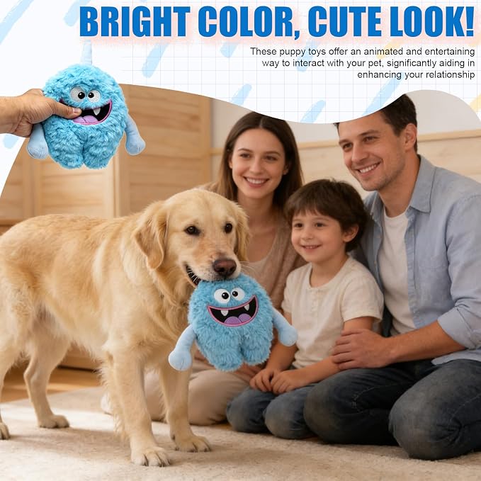 Monster Stuffed Squeaky Dog Toy, Crinkle Dog Plush Toy, Light Blue | Soft Lightweight Toy for Fetch and Chew, Interactive Outdoor Indoor Play for Tug, Birthday Gift, For Puppy Small Medium Dog
