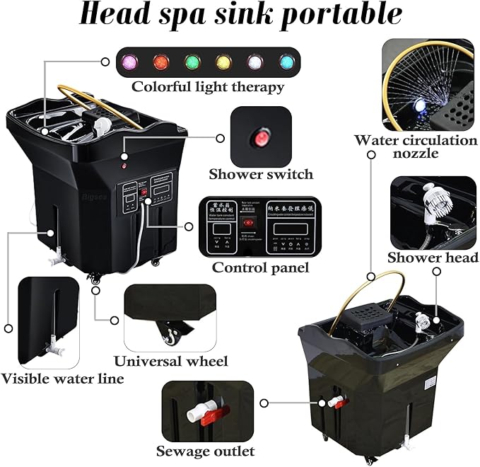 Bigsea Japanese Head Spa Equipment, Portable Head Spa Equipment Support 60L Water Storage and Preheating, Thermostatic Water Circulation Shampoo Basin, Enhance The Head Wash Experience