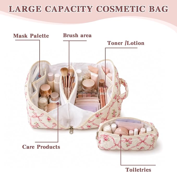 Travel Makeup Bag for Women,Large Capacity Quilted Cosmetic bag， 2PCS Make up Bag Set Open Flat Toiletry Bag for Skincare, Brushes & Travel Essentials (Pink)