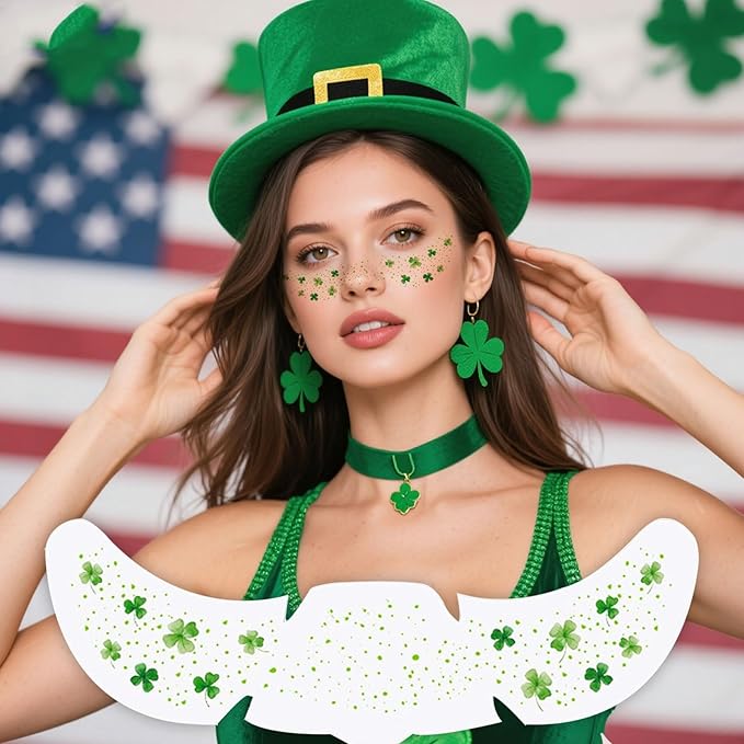 St. Patrick's Day Temporary Tattoos - Glitter Green Lucky Clover Freckle Tattoos, Shamrock Face & Body Decals for Irish Party, Festival Makeup, Kids & Adults (6 Sheets, Waterproof)