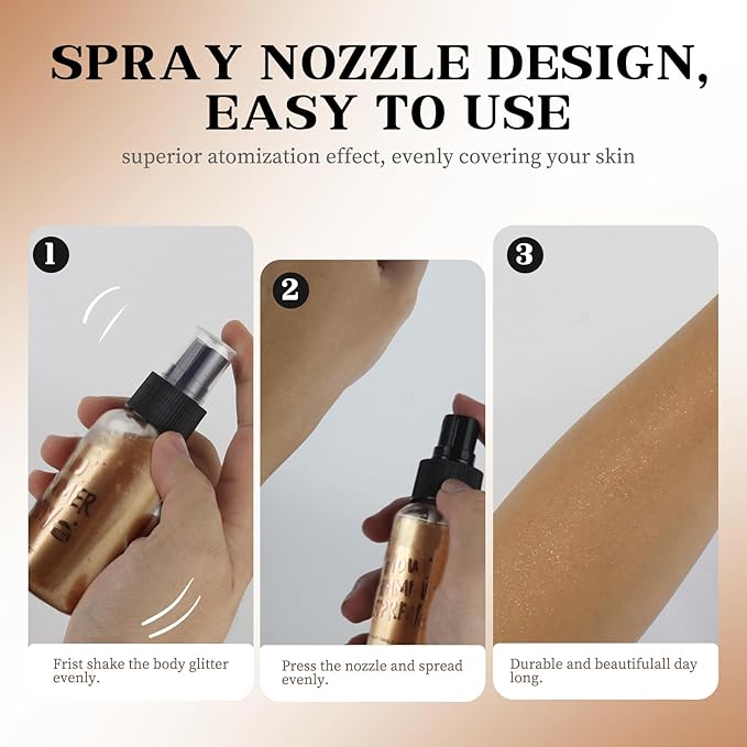 Glitter Spray for Hair and Body, Glitter Body Spray, Quick-Drying Waterproofing Body Shimmer Suitable for Festival Rave (Bronze, 2.6 fl oz)