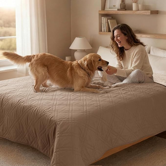100% Waterproof Washable Dog Blanket，Taupe+Apricot， 52"x82" | 7-Layer Reversible Couch Covers for Dogs Met for Sofa Furniture Car Camping