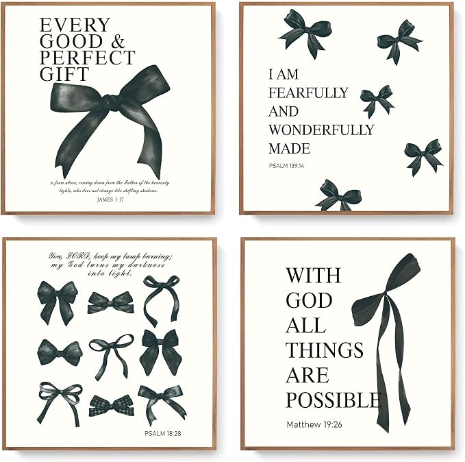 LARTSFRO Coquette Black Bow Bible Wall Art Decor Posters, Black Bow Room Bedroom Bathroom Dorm Wall Art Decor Aesthetic for Teen Girls Gifts, Inspirational Bible Verses Bow Wall Decor, 10x10 Inch Set of 4 Pcs Bow Pictures (UNFRAMED)