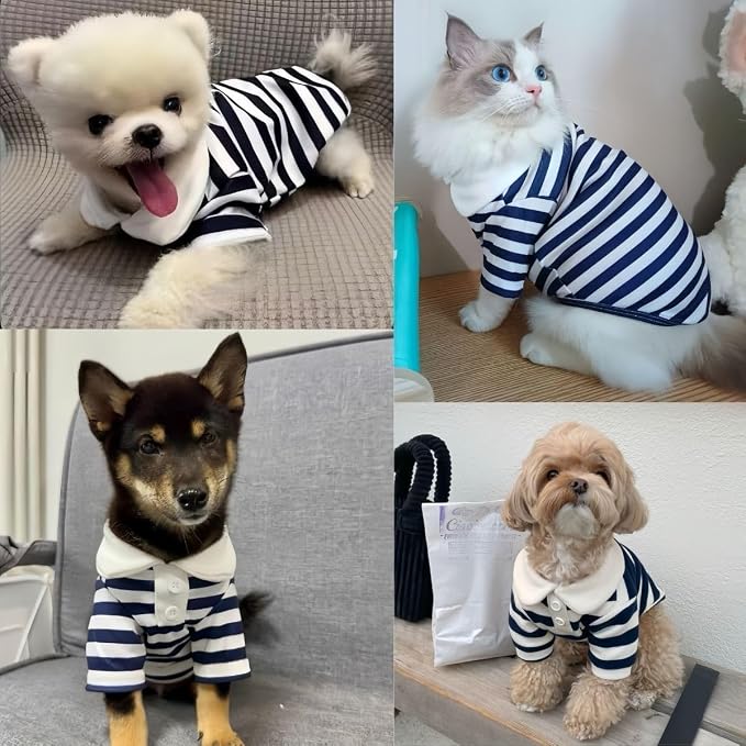 MANON ROSA Boy Dog Polo Shirt for Small Dogs, Dark Blue, M, 5.5-8.8 lb | Cute Puppy Clothes With Classic Stripes, Soft Breathable Pet Apparel For Yorkies, Shih Tzus And Everyday Summer Wear